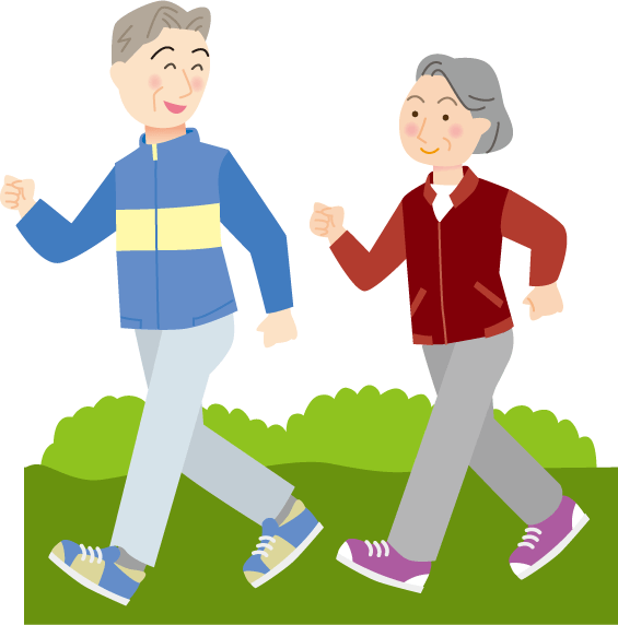 元気な高齢の男女が楽しそうにウォーキングするイラスト。