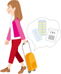 女性がキャリーバックを引きながら歩いているイラスト。バックの中には医薬品が入っている。